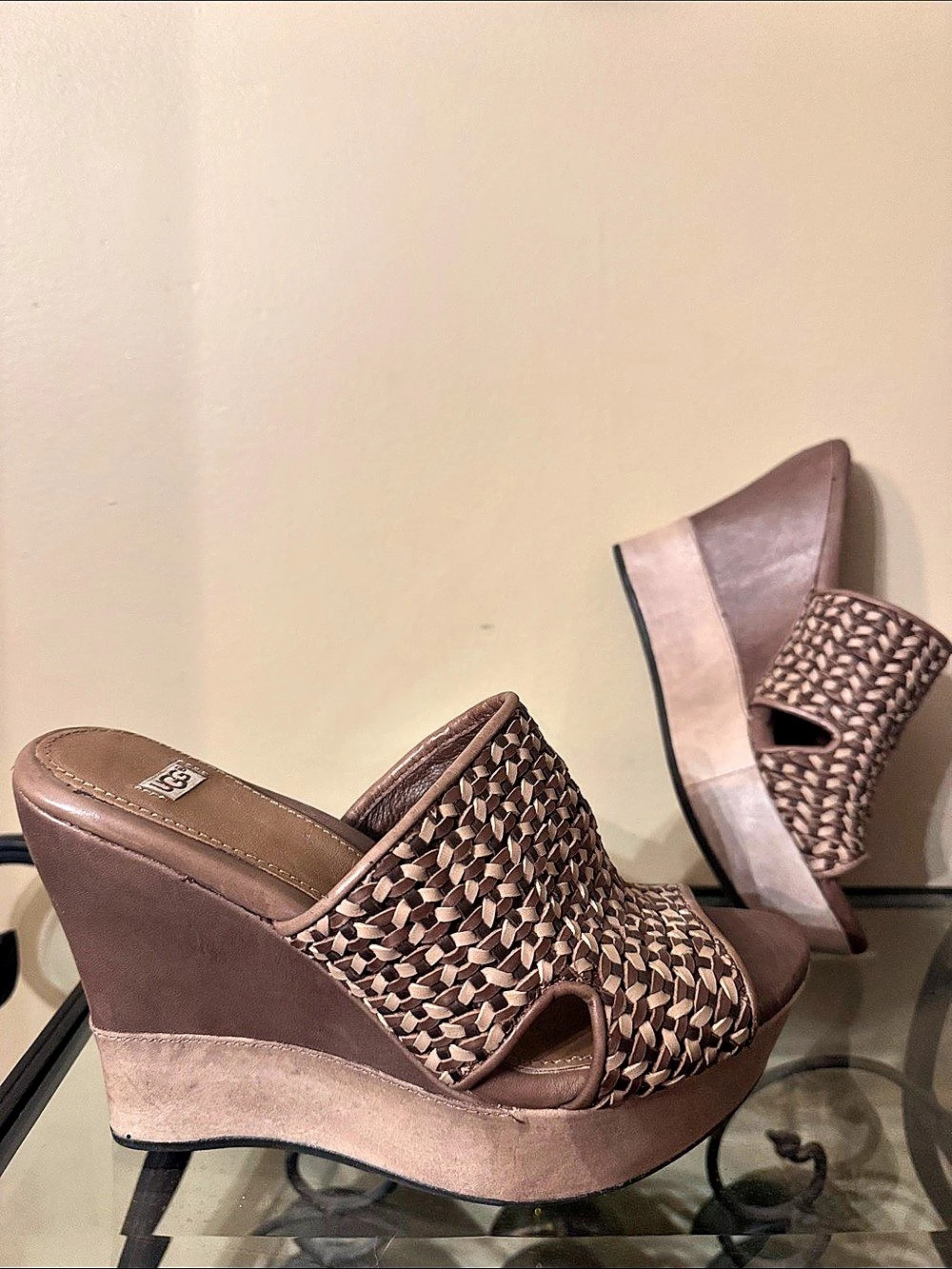 UGG Taia Slide Woven Wedge Sandals Brown US 6